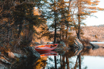 Canoe by riverside and trees 