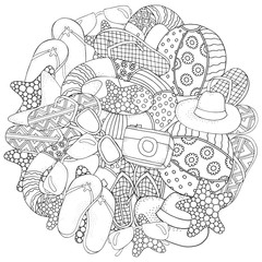 Starfish, lifebuoy, sunglasses, ball, flip-flops, hat, camera.