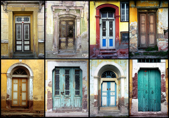 a detail shot of variety of old doors
