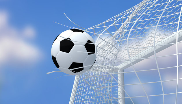 Football black and white color shooting Goal with blurred blue sky background.3D Rendering