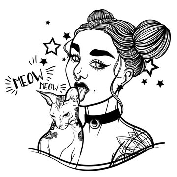 cute vector art card with gothic girl and her pet cat. Fashion woman. linear tattoo print illustration.