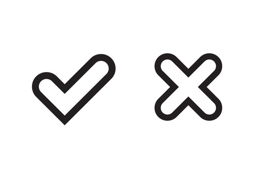 Tick and cross signs. Black checkmark OK and X icons, isolated on white background. Simple marks graphic design. Circle symbols YES and NO button for vote, decision, web. Vector illustration