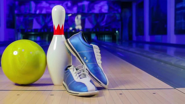shoes, bowling pin and ball for bowling game