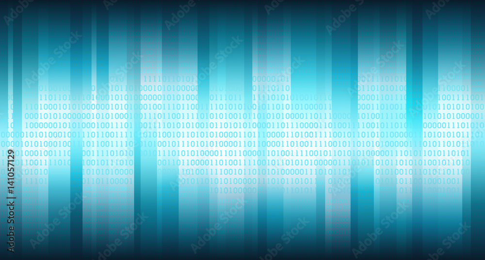 Poster blue cyberspace with vertical shining stripes and digital binary array, abstract background