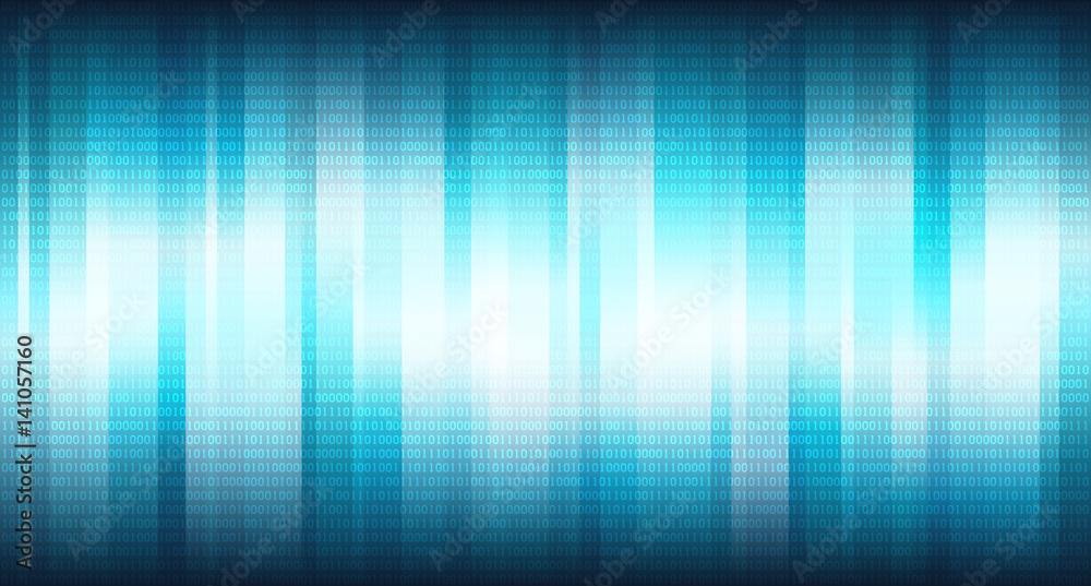 Poster blue cyberspace with vertical shining stripes and digital binary array, abstract background