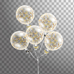 Set of white transparent balloon with confetti isolated in the air . Frosted party balloons for event design. Party decorations for birthday, anniversary, celebration. Shine transparent balloon.