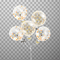 Set of white transparent balloon with confetti isolated in the air . Frosted party balloons for event design. Party decorations for birthday, anniversary, celebration. Shine transparent balloon.
