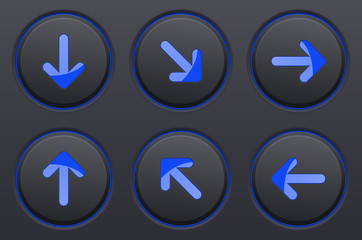 Black buttons with blue arrows. Arrow keys