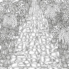 Adult coloring book page. Long road and palm