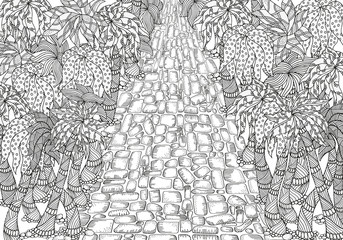 Adult coloring book page. Long road and palm