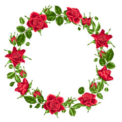Decorative wreath with red roses. Beautiful realistic flowers, buds and leaves