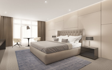 Fototapeta na wymiar Contemporary beige hotel bedroom with blue rug