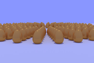3D-Rendering von goldenen Eiern in kreisförmiger Anordnung
