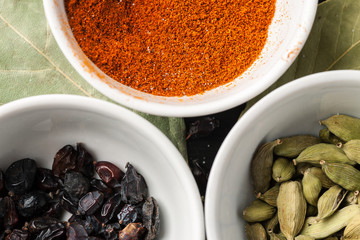 Paprika powder, barberry and cardamon seeds in white ceramic bowls, top view, closeup shot
