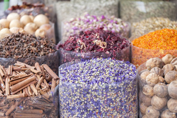 Dried herbs, flowers and spices at the spice souq in Deira in Dubai, UAE