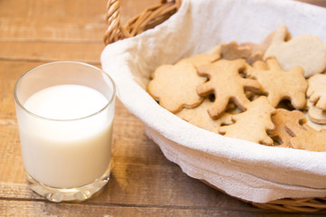 Gingerbread in basket next to milk on wooden boards