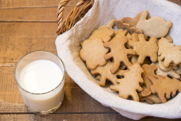 Gingerbread in basket next to milk on wooden boards