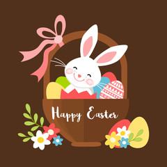 Easter bunny in a basket with eggs, Easter greeting card, vector illustration