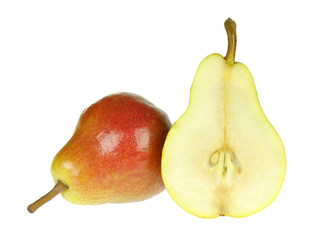 Pears, whole and cut in half. Isolated on white background