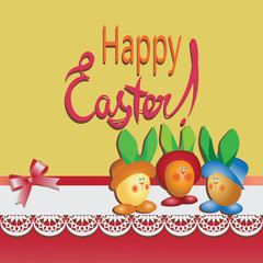 Fototapeta na wymiar Easter bunnies and eggs. Happy Easter. Map with yellow and red background with lace. Vector image.