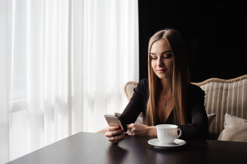 Portrait of young businesswoman use mobile phone while sitting in comfortable coffee shop during work break