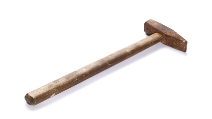 Old rusty metal hammer with wooden handle, isolated on white
