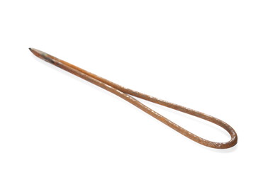 Old rusty metal needle for holes, isolated on white background
