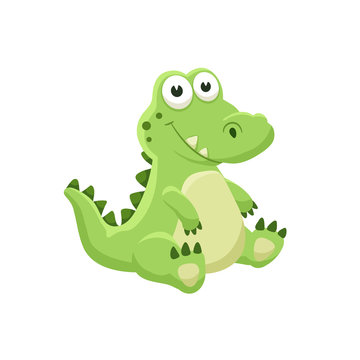 Cute cartoon crocodile. Illustration of sitting alligator isolated on white background.