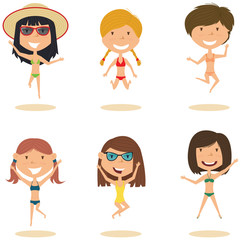 Summer cute female characters jumping on the beach vector illustration.