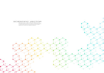 Hexagonal molecule. Molecular structure. Genetic and chemical compounds. Chemistry, medicine, science and technology concept. Geometric abstract background. Atom, DNA and neurons vector.