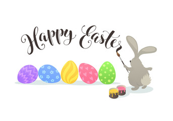 Cute Easter bunny coloring eggs. Fun illustration of rabbit with Happy easter text isolated on white background.