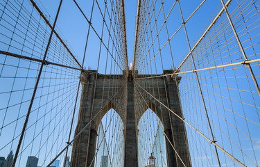 New York City Brooklyn Bridge in Manhattan closeup with skyscrapers