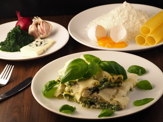 Cannelloni con ricotta e spinaci. Italian pasta with ricotta and spinach, basil, blue cheese, egg, flour, onion and garlic. Delicious food.