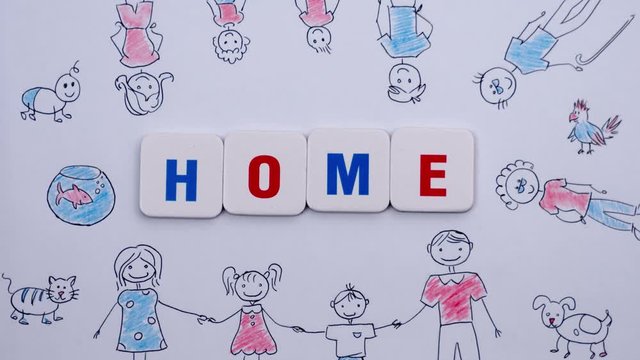 Red and blue letters form the word home on the background of drawing of family. 