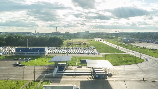 Timelapse Aerial View Transport Drives  Through Checkpoint
