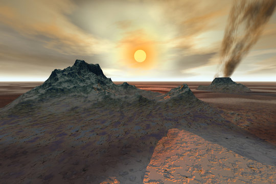 Sunset on the desert, a volcanic landscape, rocky mountains, smoke and a fantastic sky.