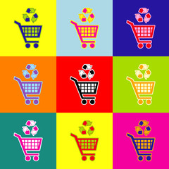 Shopping cart icon with a recycle sign Vector. Pop-art style colorful icons set with 3 colors.