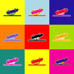 Crashed Car sign. Vector. Pop-art style colorful icons set with 3 colors.
