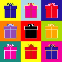 Gift sign. Vector. Pop-art style colorful icons set with 3 colors.