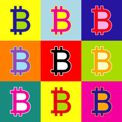 Obraz premium Bitcoin sign. Vector. Pop-art style colorful icons set with 3 colors.