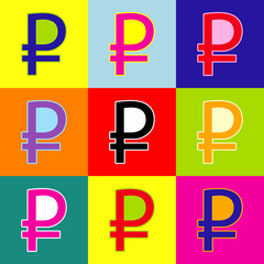 Ruble sign. Vector. Pop-art style colorful icons set with 3 colors.
