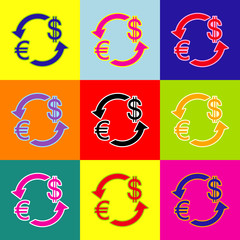 Currency exchange sign. Euro and US Dollar. Vector. Pop-art style colorful icons set with 3 colors.