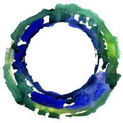 Round watercolor frame, circle shape form isolated on white background. Handmade technique.