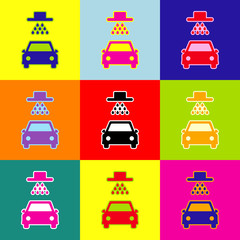 Car wash sign. Vector. Pop-art style colorful icons set with 3 colors.