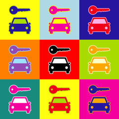Car key simplistic sign. Vector. Pop-art style colorful icons set with 3 colors.