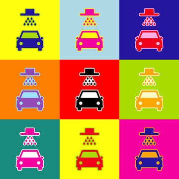 Car wash sign. Vector. Pop-art style colorful icons set with 3 colors.