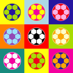 Soccer ball sign. Vector. Pop-art style colorful icons set with 3 colors.
