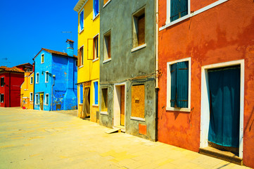 Venice landmark, Burano island street, colorful houses, Italy