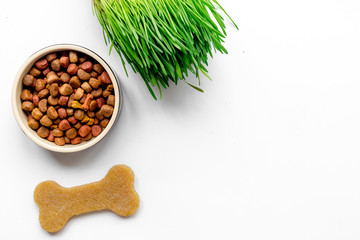 dry dog food in bowl on white background top view
