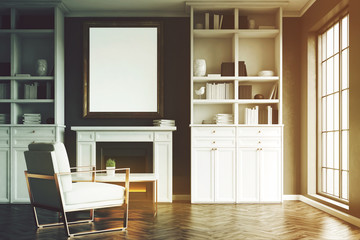 Living room with fireplace and an armchair, toned
